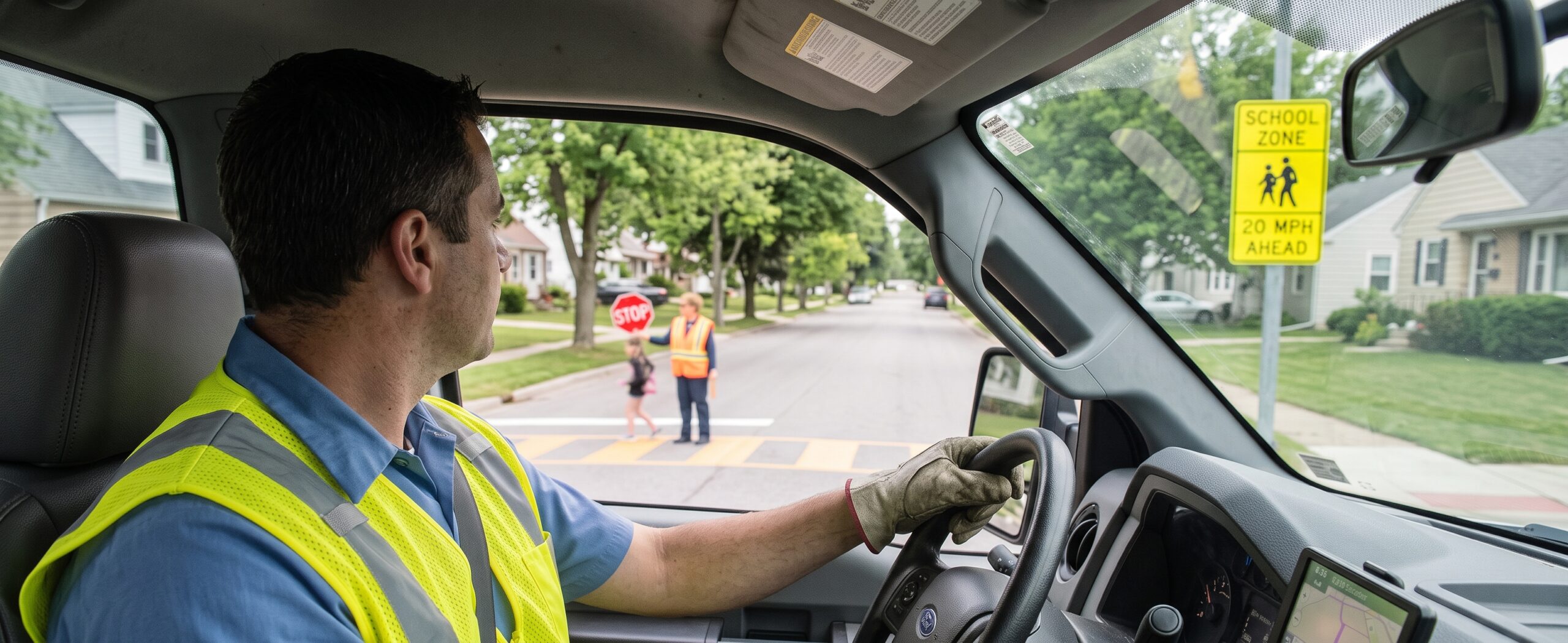 City truck driver with seatbelt on and hands on the wheel near a school zone, showing GPS in local government driver safety