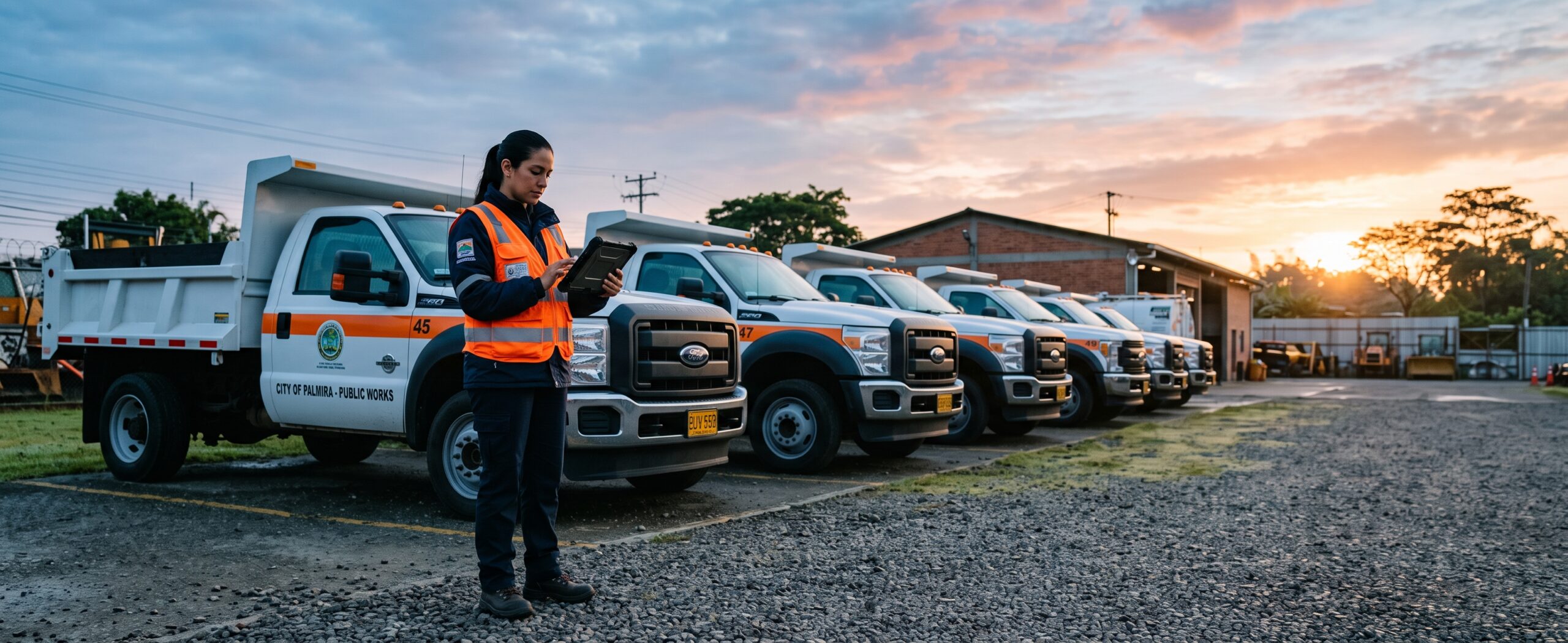 Fleet supervisor checks a GPS map on a tablet beside parked city trucks, using GPS in local government for idling reduction
