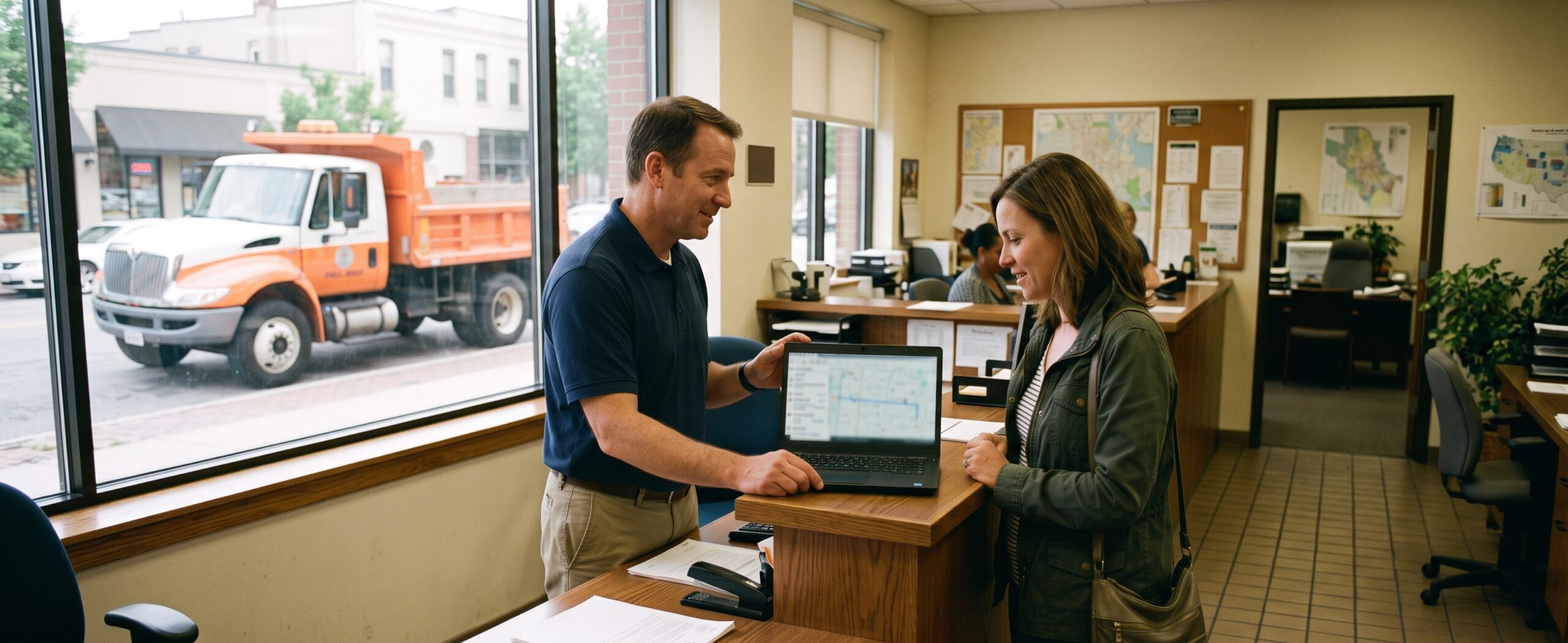 Public works manager shows a resident a truck route history on a laptop, using GPS in local government as proof of service