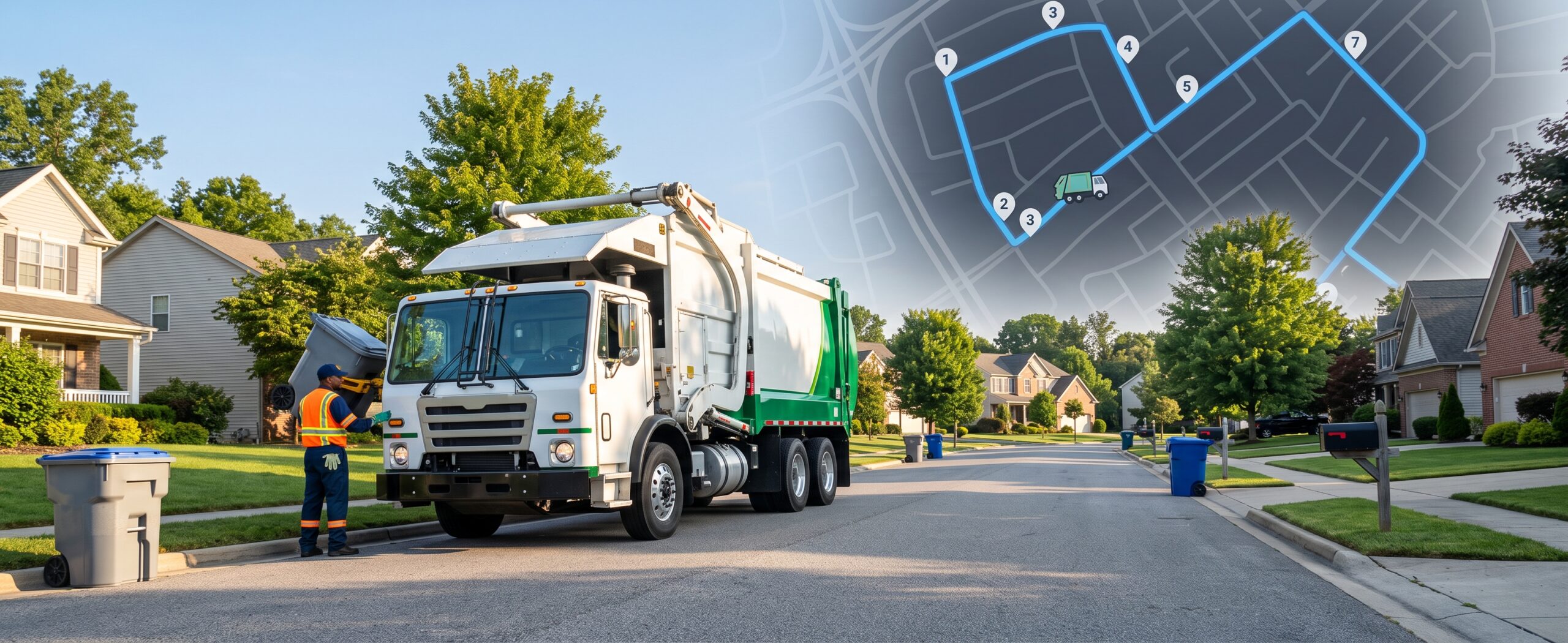 A photorealistic image of a generic garbage truck collecting curbside bins on a suburban street in the morning, featuring a transparent GPS route optimization map overlay with numbered stops to illustrate fuel cost reduction.