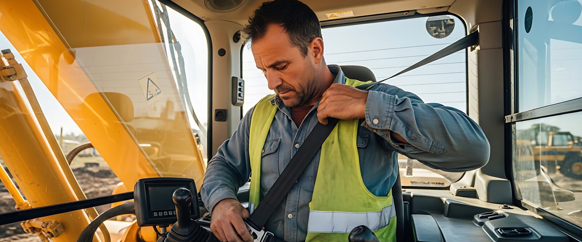 Construction worker adjusting high-visibility safety vest on a job site during National Safety Month, highlighting workplace safety and PPE compliance.
