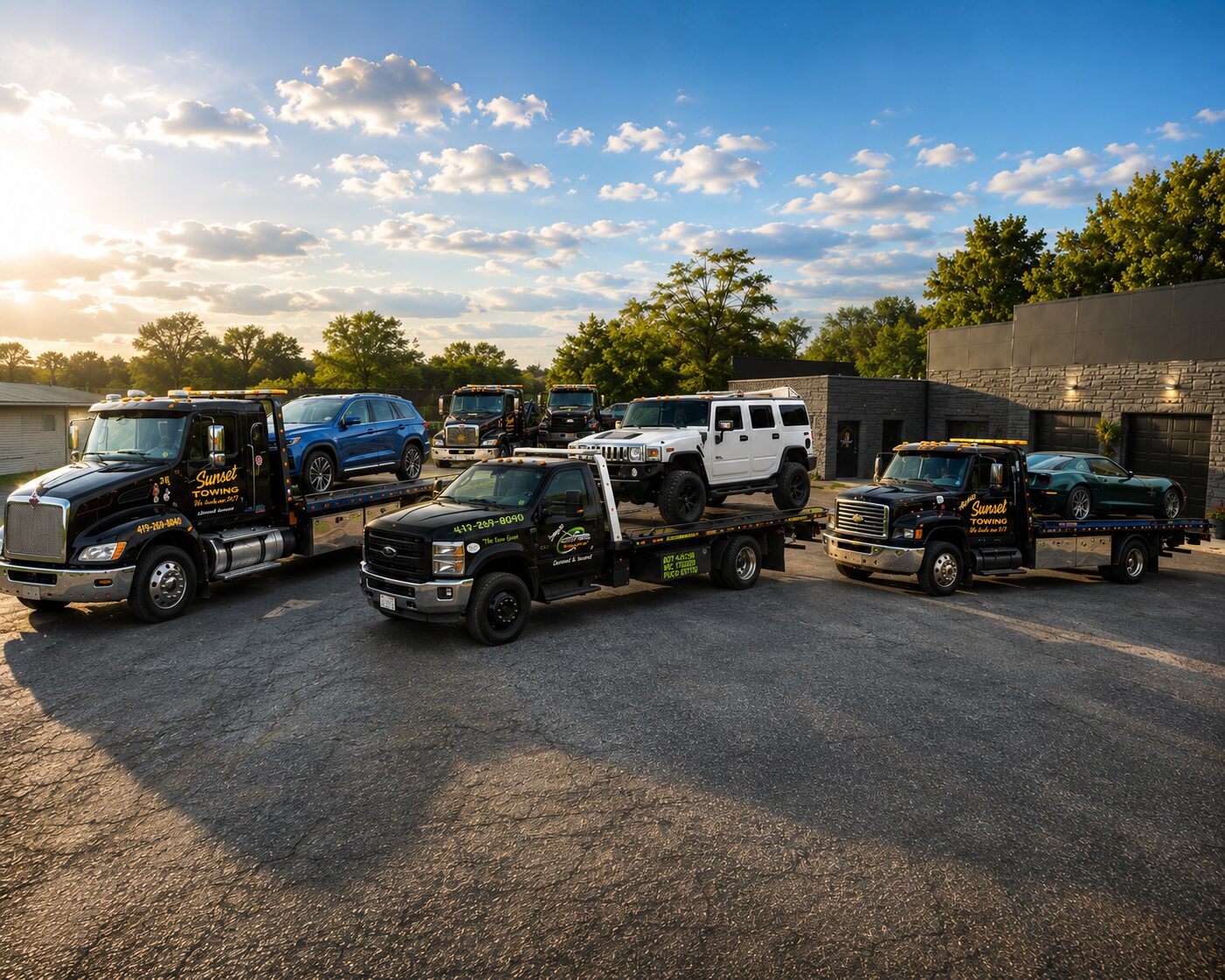 Angie's Towing - Multiple Trucks with Vehicles on the Back Showing the Fleet