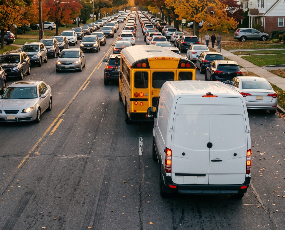Back-to-School Traffic Congestion Fleet vehicle navigating heavy back-to-school traffic on an autumn road, GPS fleet tracking, congested cars, fleet route optimization, and an in-vehicle GPS route display