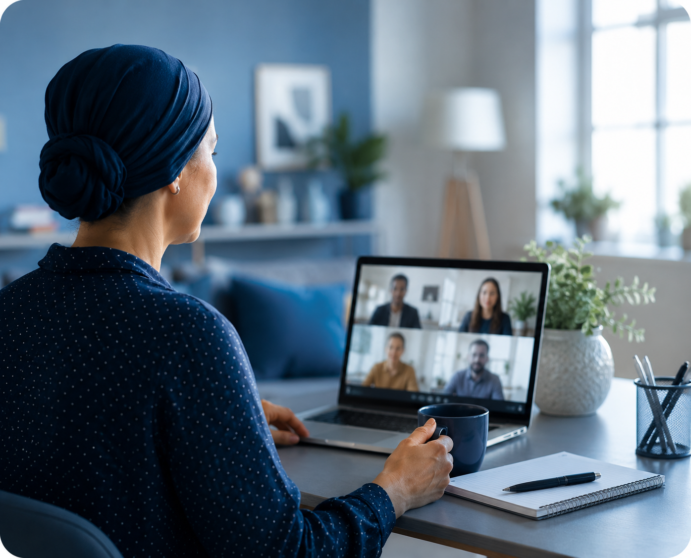 Woman participating in a virtual work meeting from a home office, representing BrickHouse GPS’s partnership with Cancer and Careers to support people with cancer as they balance treatment, recovery, and employment.