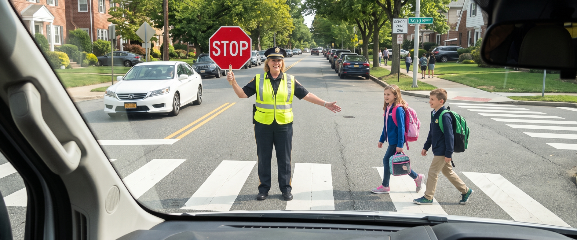 Crossing guard stopping traffic for schoolchildren, illustrating how fleet route optimization improves driver safety in school zones
