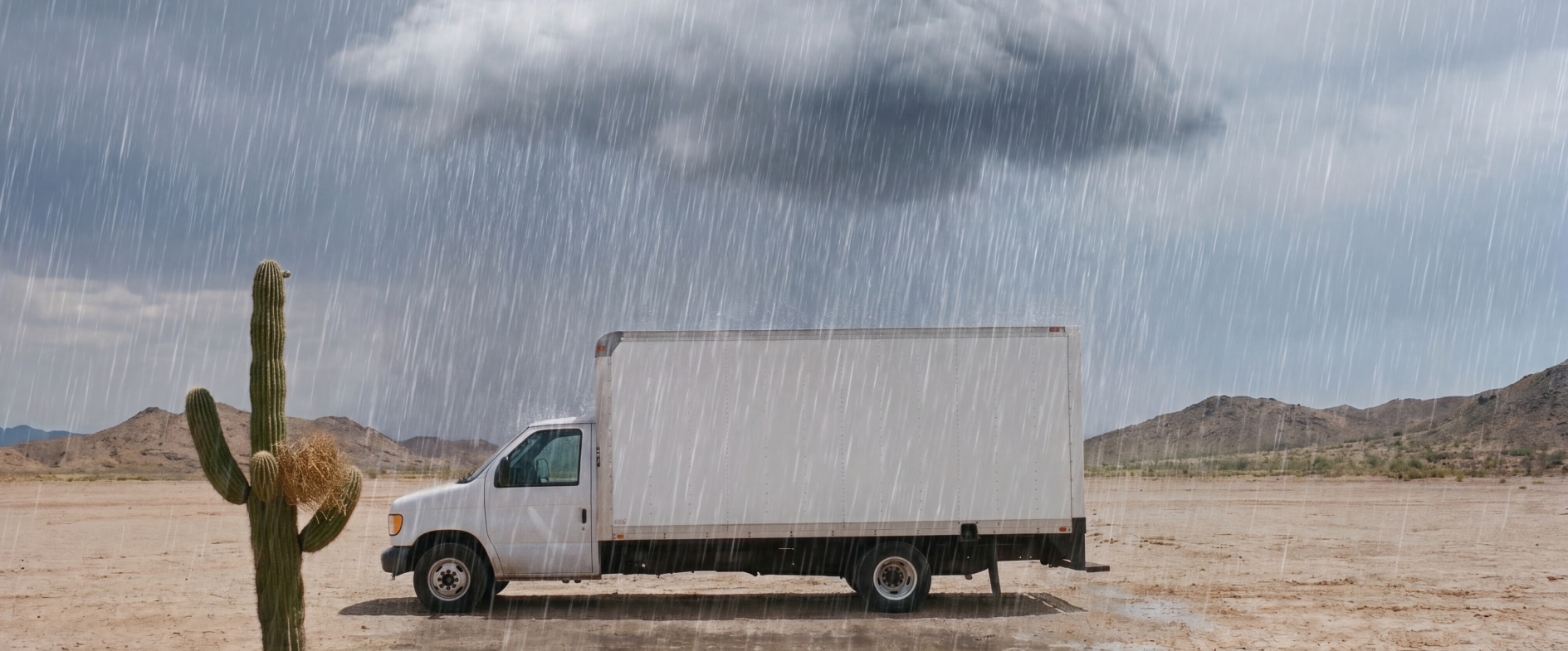 Box truck parked on wet pavement as a storm moves in, a reminder of why fleet weather preparedness matters