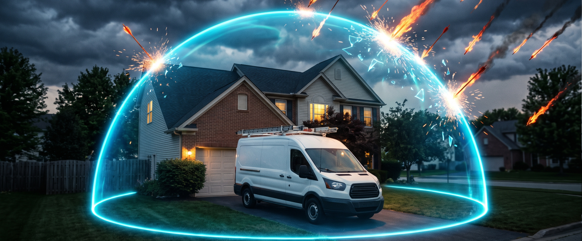 Service van outside a customer home with a geofence graphic, showing how GPS fleet tracking records arrival and departure times.