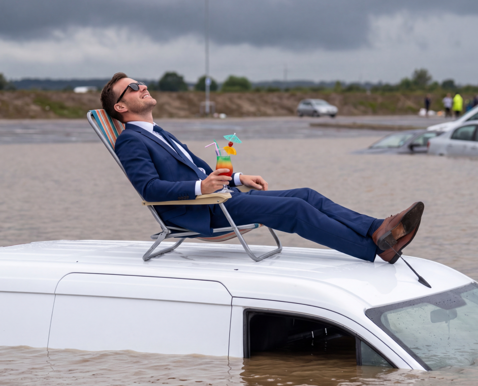 gps-fleet-weather-preparedness-fleet-safety-manager-relaxed Fleet manager relaxing on the hood of a car under clear skies, confident in GPS fleet tracking and fleet safety, , a reminder of why fleet weather preparedness matters