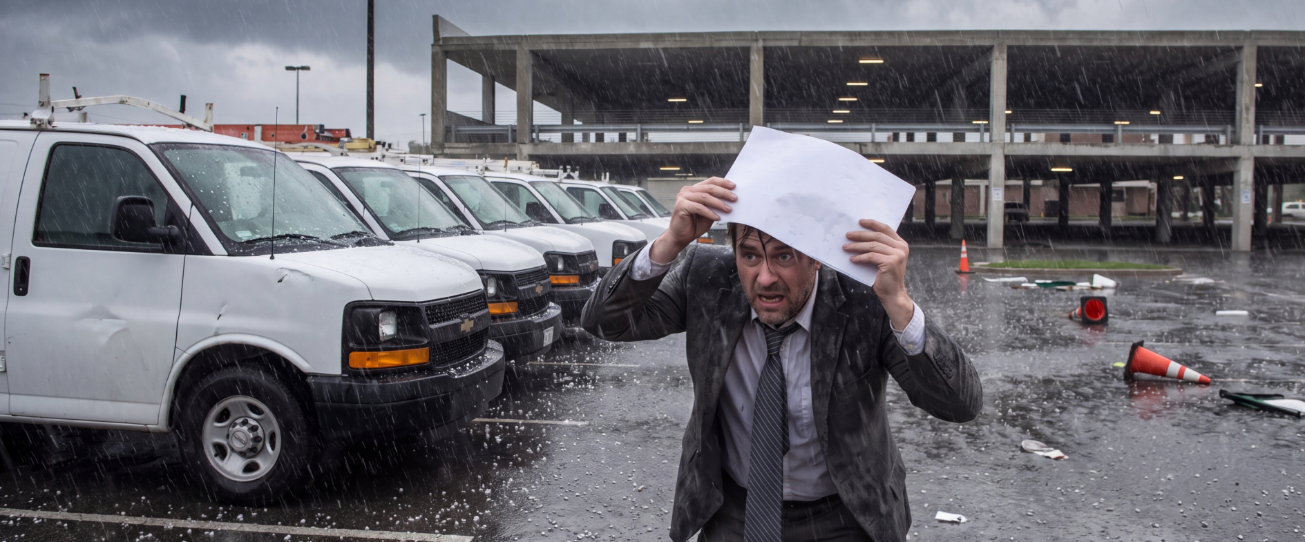 Fleet manager covering his head with spreadsheets in a downpour, showing what hurricane fleet preparedness looks like without a real plan