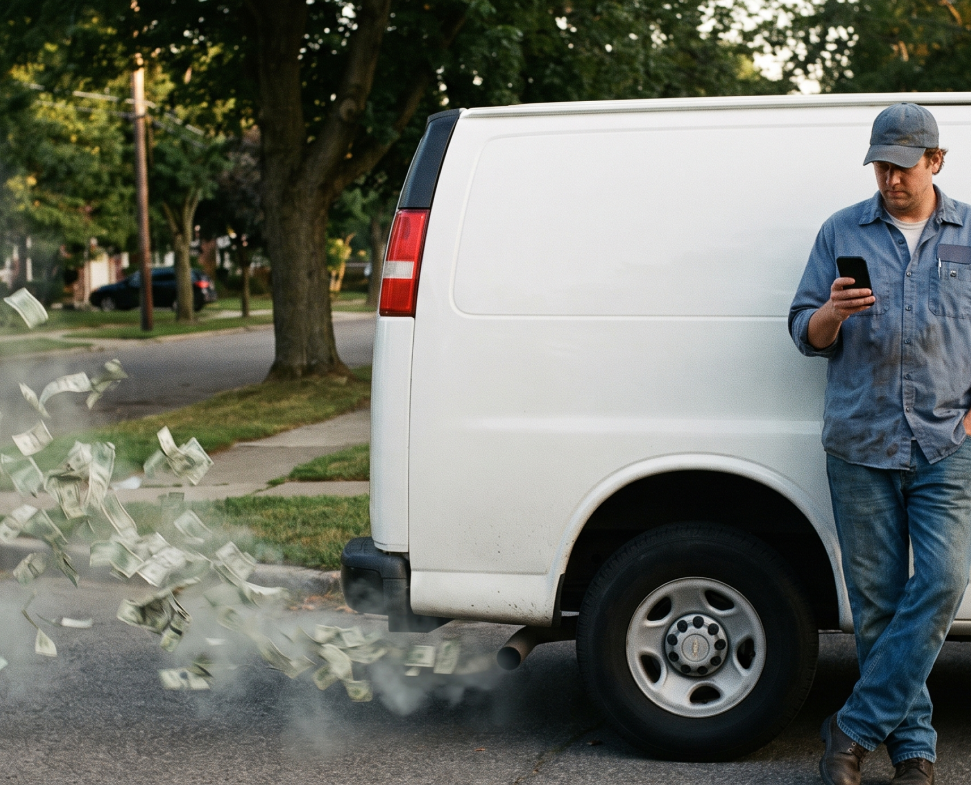 idle-time-fleet-productivity-hidden-losses Water leaking around a parked work van, illustrating the idle time and small delays that drain fleet productivity every week