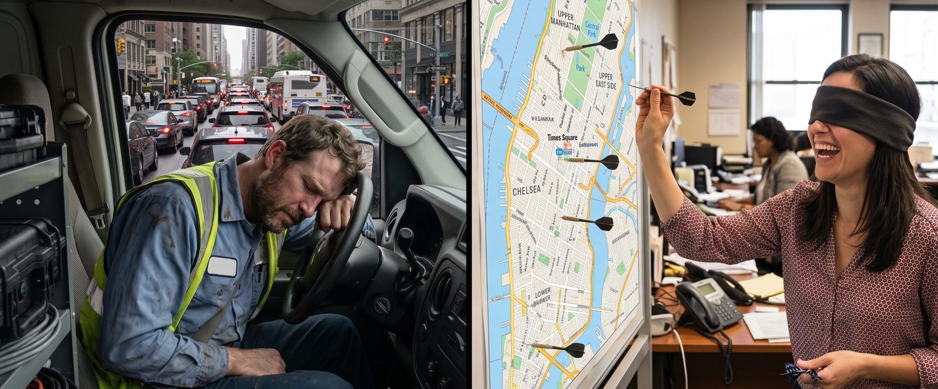 Dispatch map beside a technician on a service call, showing how smarter routing cuts drive time and technician turnover.