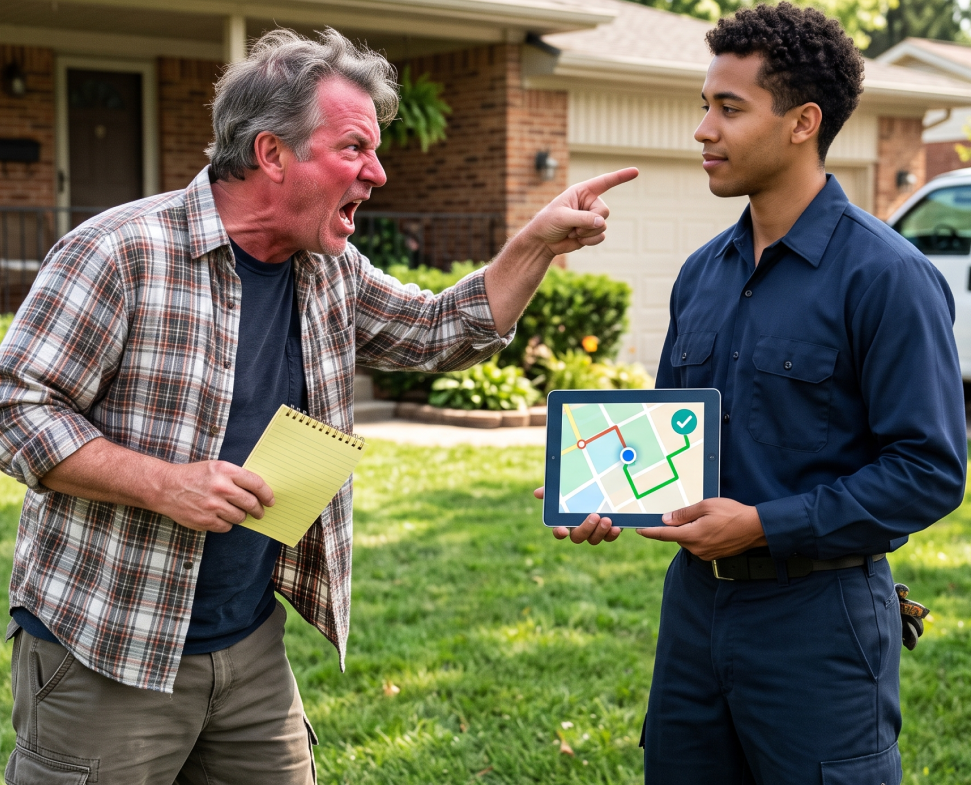 technician-showing-proof-of-service-record-customer Field technician showing a customer proof of service records on a tablet, using fleet data to answer questions with facts.
