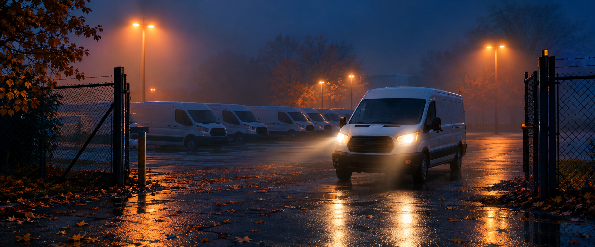 Company van leaving a fleet yard after hours on a foggy autumn night.