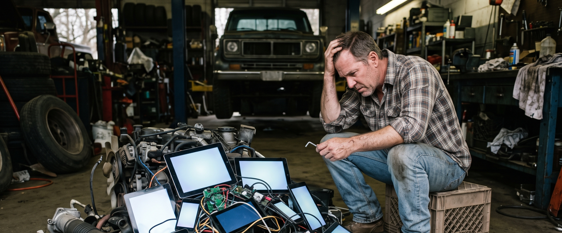Technician surrounded by laptops trying to configure a fleet telematics system alone in a shop.