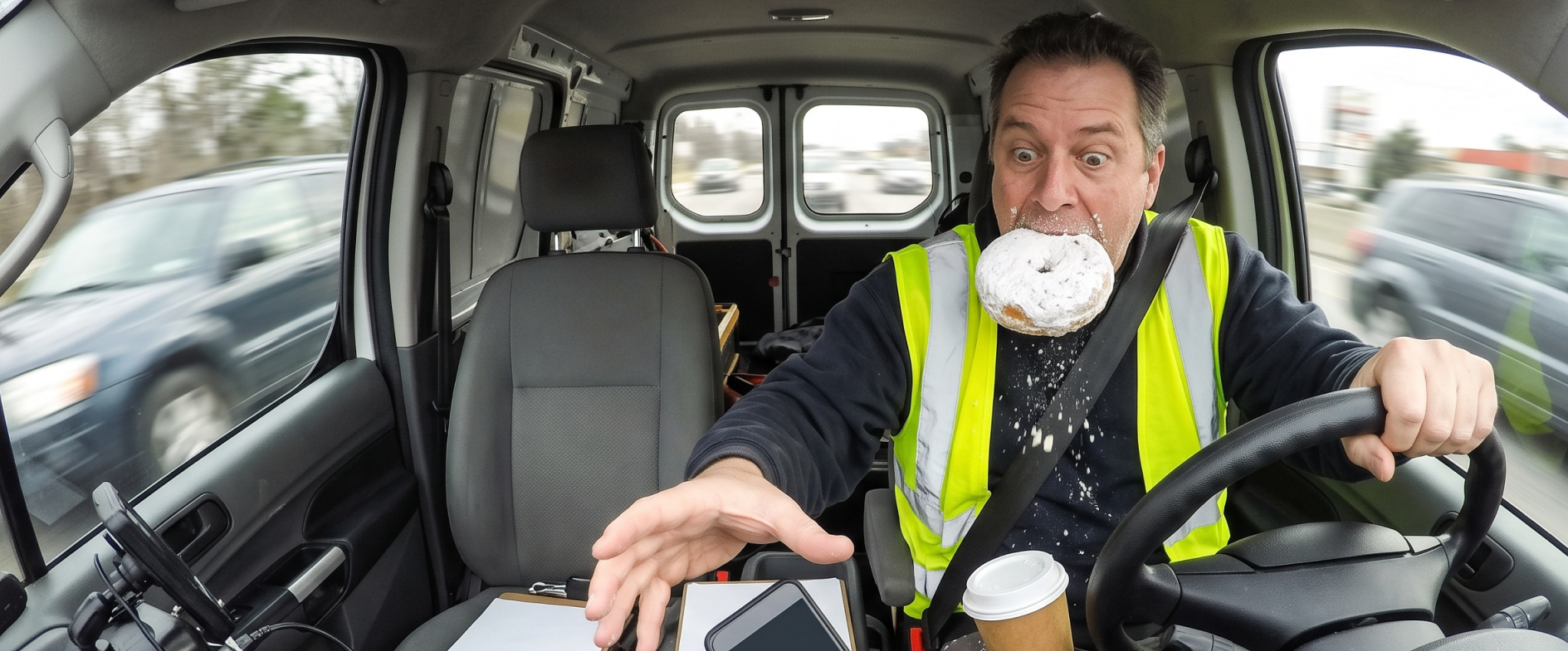 Interior-facing camera view of a driver at work, the setup a fleet dash cam policy needs to cover before installation.