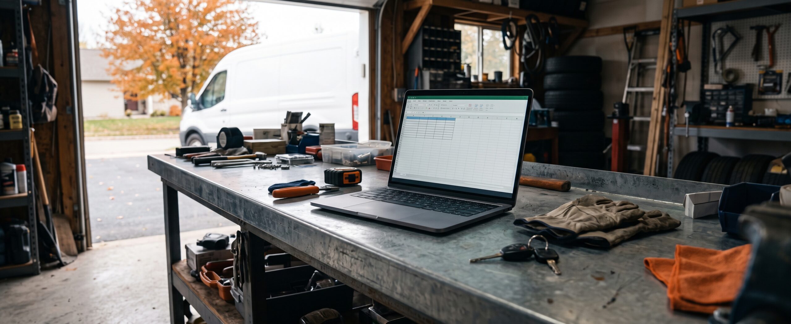 Laptop on a shop workbench showing a spreadsheet export of GPS trip data.