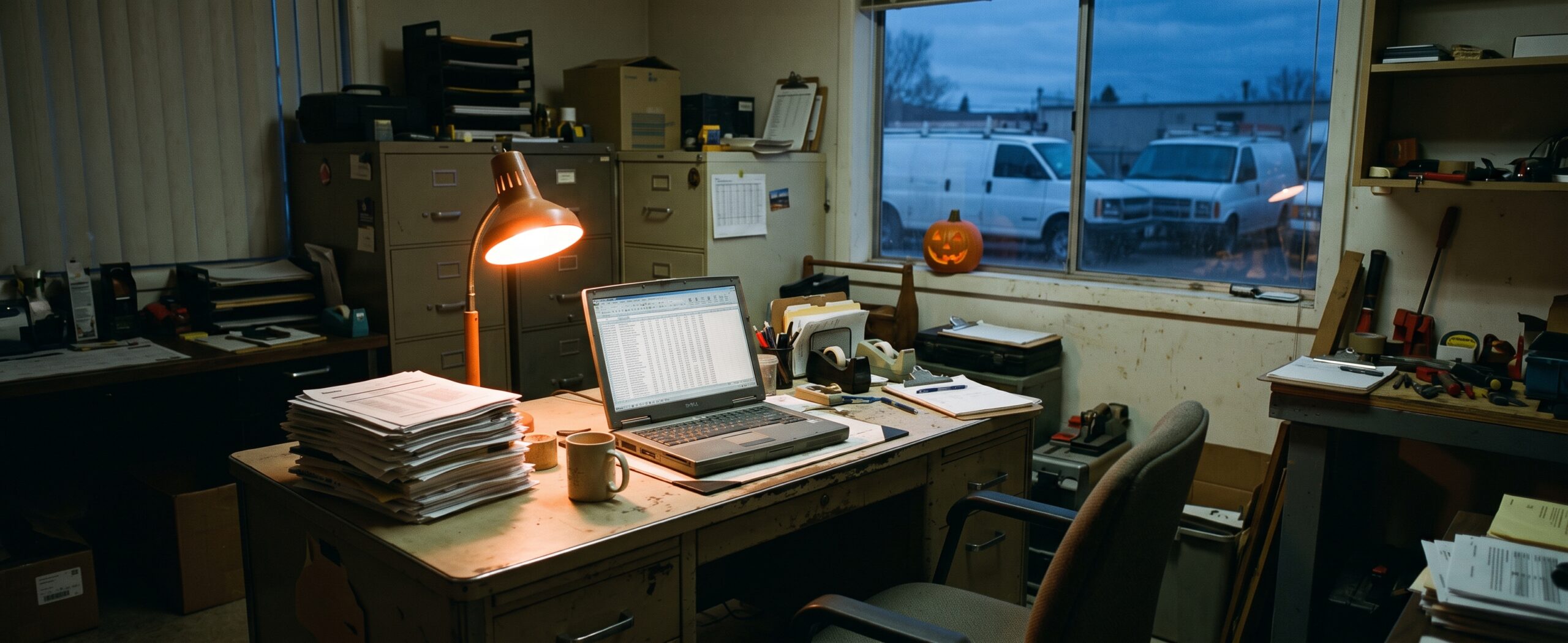 Stack of printed GPS trip reports and a laptop full of spreadsheet rows on an empty shop office desk.